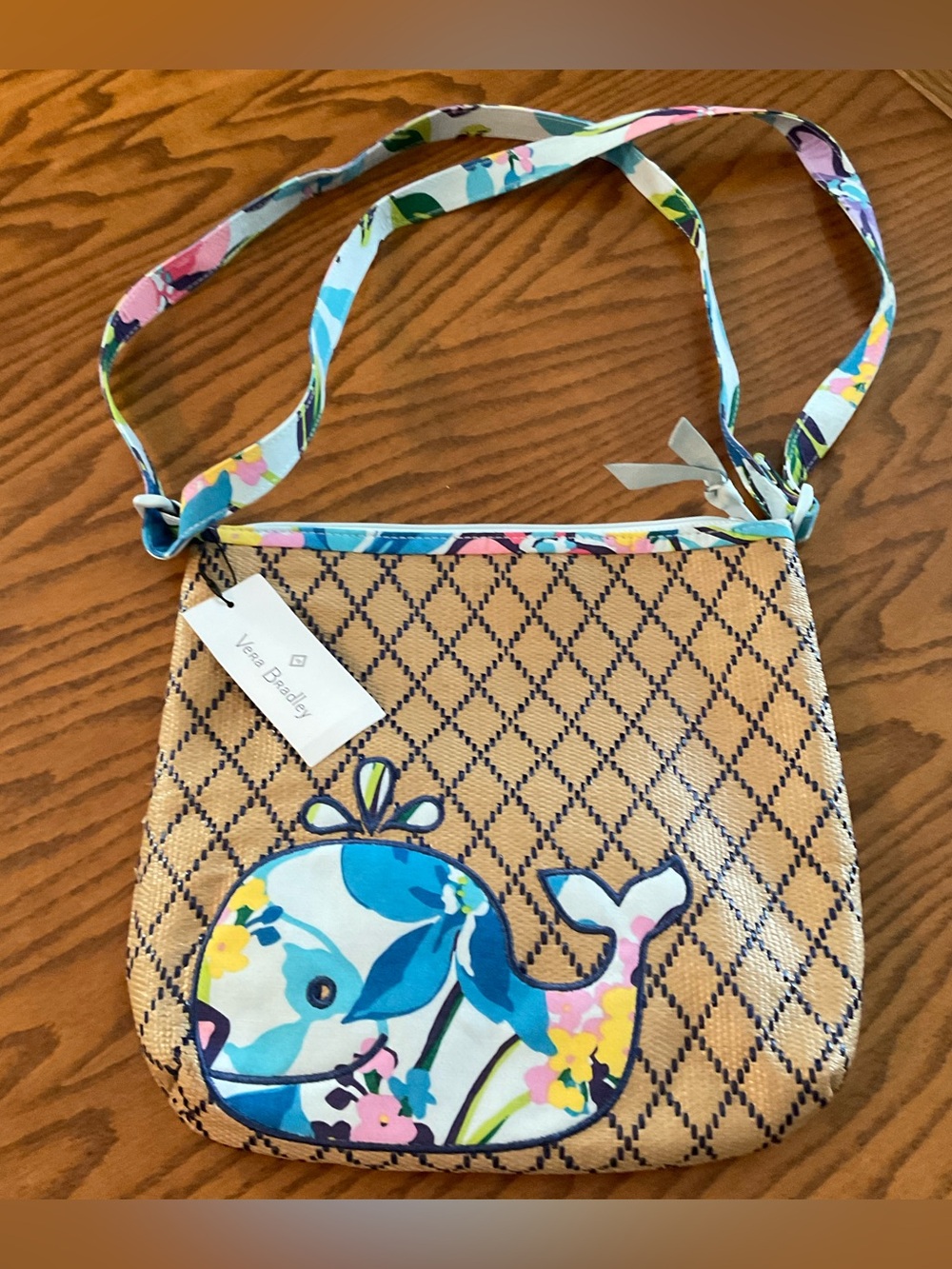NWT Vera Bradley Woven Straw Whale, Beachy, Floral Blue Adjustable Crossbody Bag